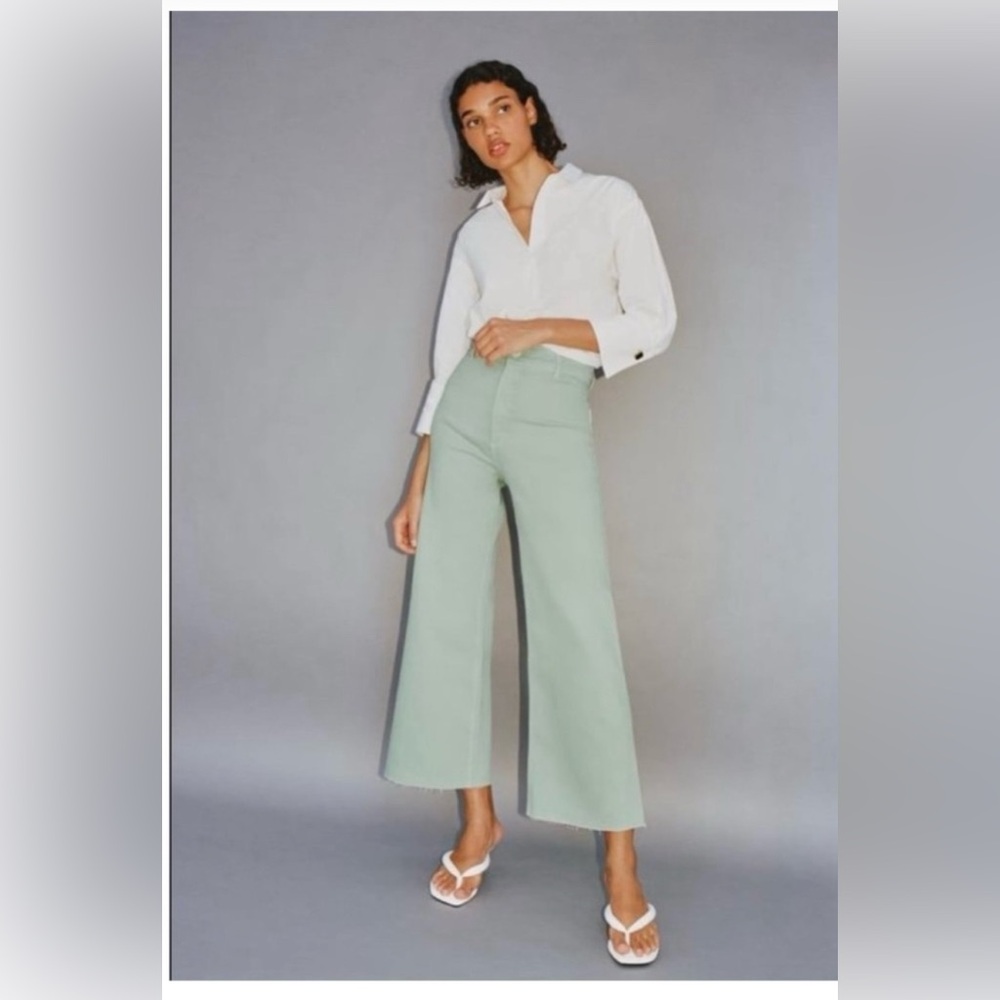 Zara Mint Green Cropped Wide-Leg Jeans